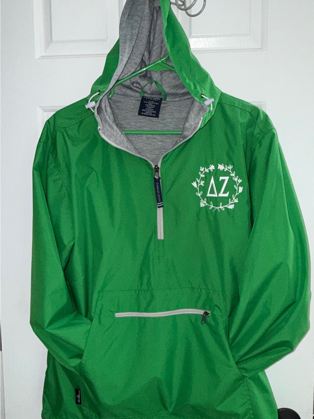 Charles River Apparel Green Pullover Rain Jacket with Gray Hood Lining